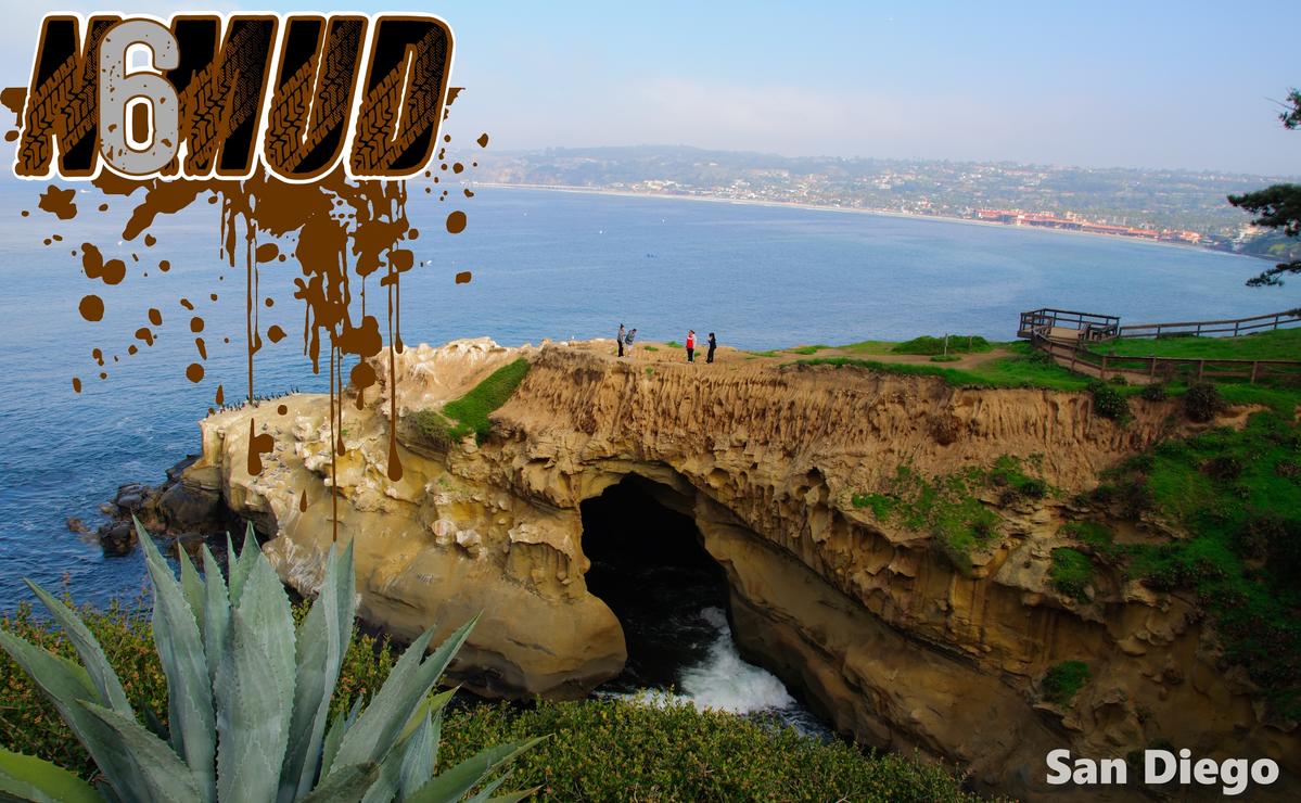 N6MUD QSL card featuring the San Diego coastline