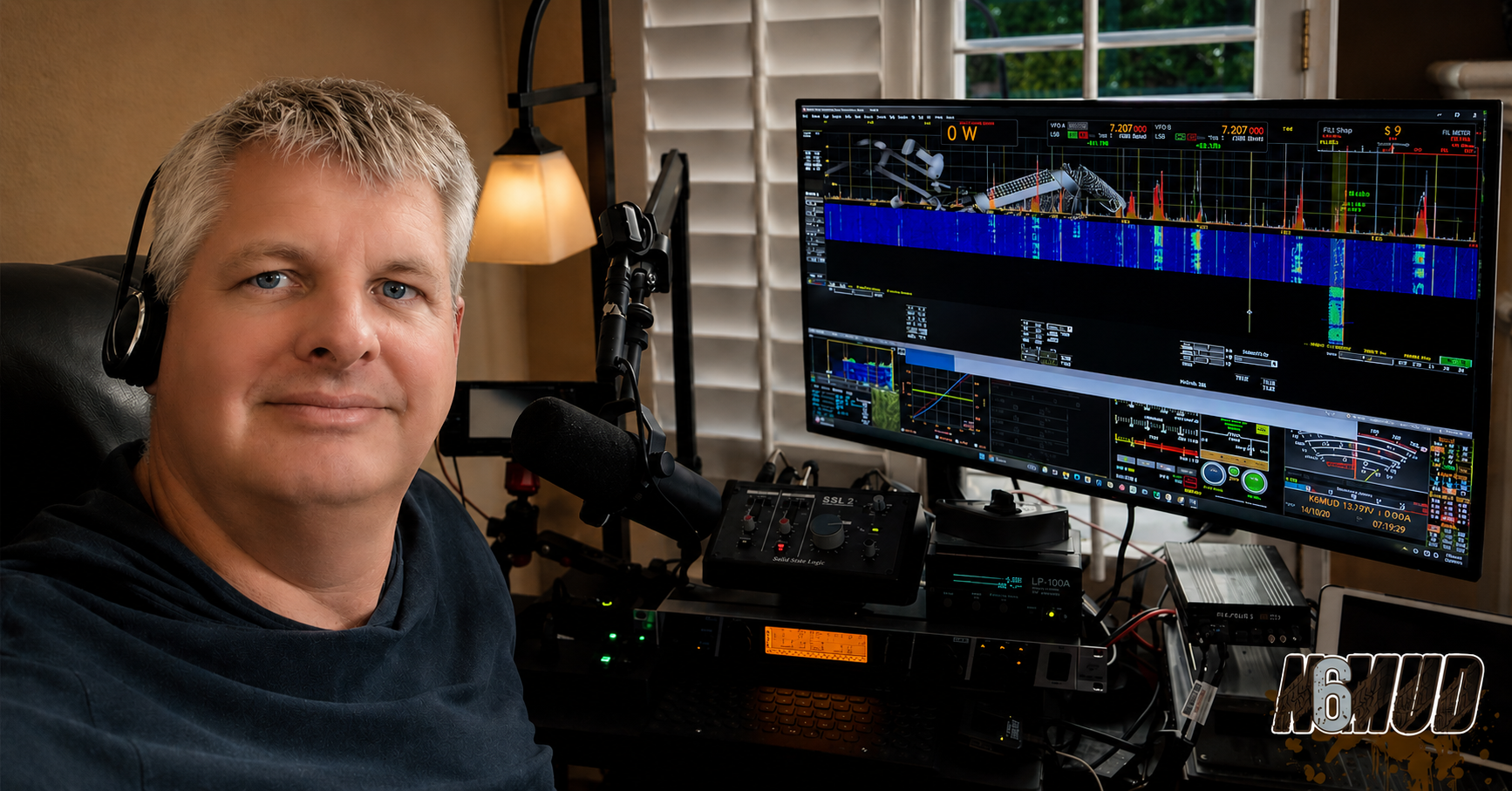 N6MUD operator at the amateur radio station with Thetis SDR displays and microphone